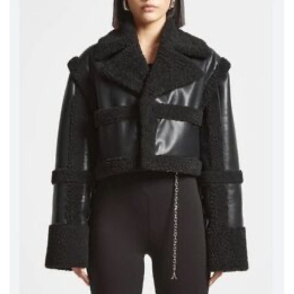 Maniere De Voir Jacket Faux Leather Plush Trim Detachable Sleeves Size US4 Black - Picture 8 of 8